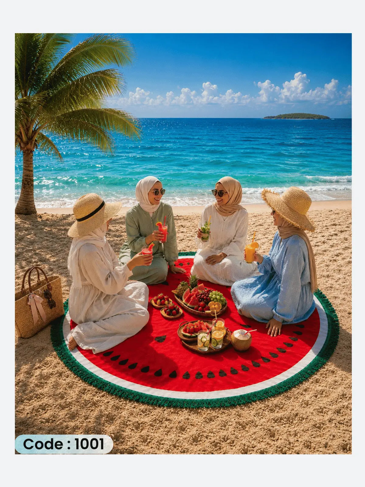 Beach Blanket Watermelon | سجادة شاطئ دائرية من الكتان 150 سم - كود 1001