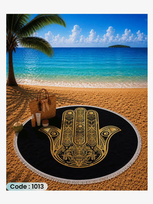 Hamsa Beach Blanket | سجادة شاطئ دائرية بتصميم كف الحماية الذهبي من الكتان - كود 1013Hamsa Beach Blanket | سجادة شاطئ دائرية بتصميم كف الحماية الذهبي من الكتان - كود 1013