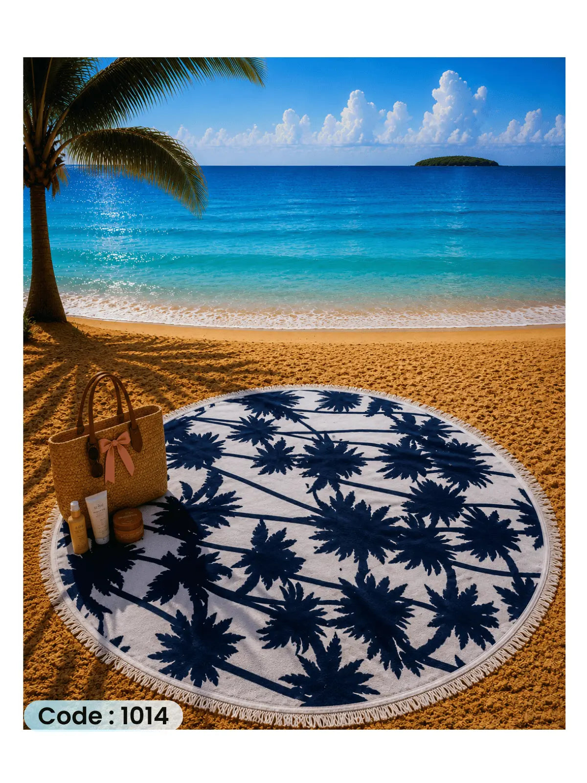 Palm Paradise Beach Blanket | سجادة شاطئ دائرية بتصميم أشجار النخيل من الكتان - كود 1014
