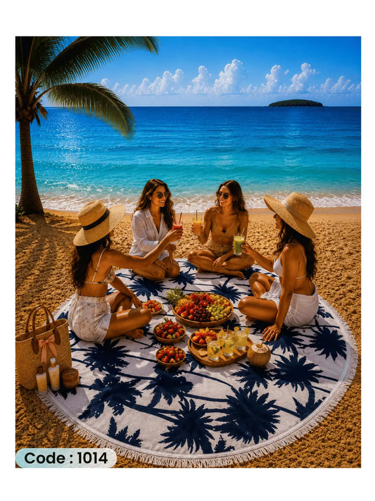 Palm Paradise Beach Blanket | سجادة شاطئ دائرية بتصميم أشجار النخيل من الكتان - كود 1014