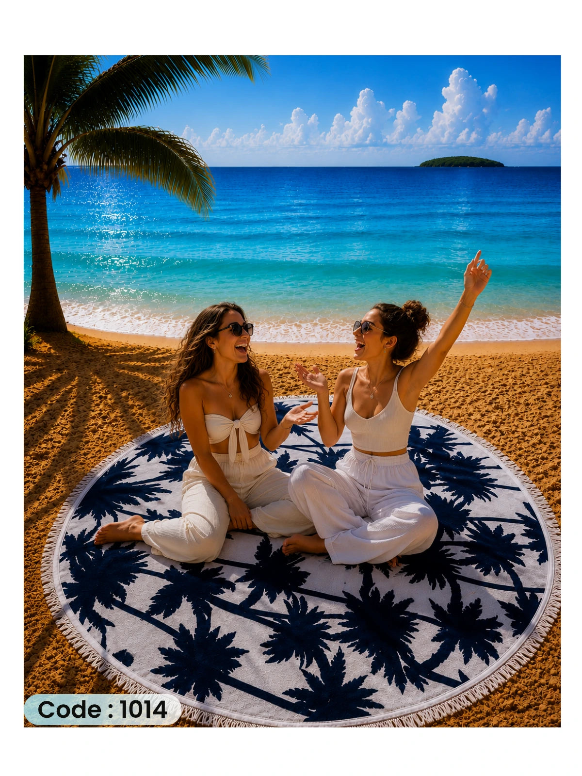 Palm Paradise Beach Blanket | سجادة شاطئ دائرية بتصميم أشجار النخيل من الكتان - كود 1014