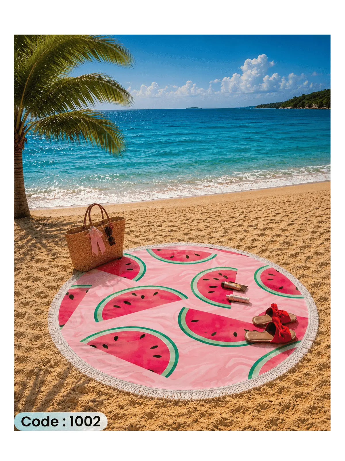 Pink Watermelon Beach Blanket | سجادة شاطئ دائرية بتصميم البطيخ الوردي من الكتان - كود 1002