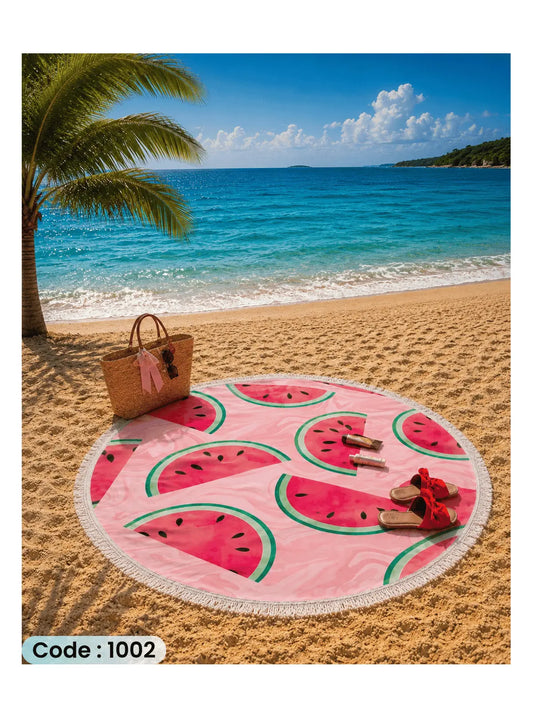 Pink Watermelon Beach Blanket | سجادة شاطئ دائرية بتصميم البطيخ الوردي من الكتان - كود 1002