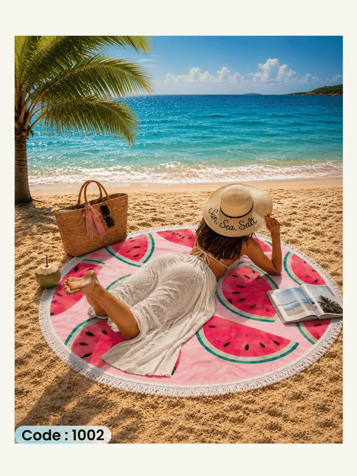 Pink Watermelon Beach Blanket | سجادة شاطئ دائرية بتصميم البطيخ الوردي من الكتان - كود 1002