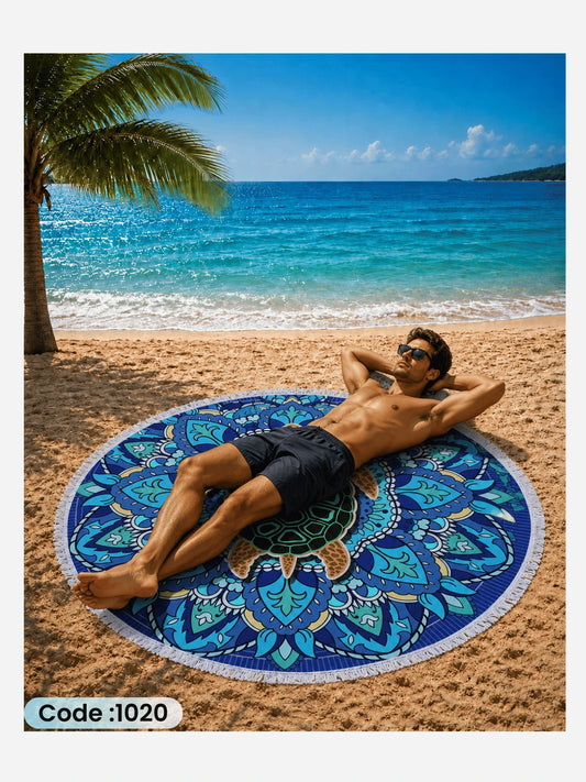 Sea Turtle Mandala Beach Blanket – Round Linen Beach Mat | Code 1020