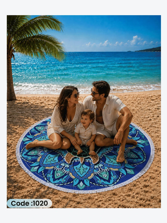 Sea Turtle Mandala Beach Blanket – Round Linen Beach Mat | Code 1020