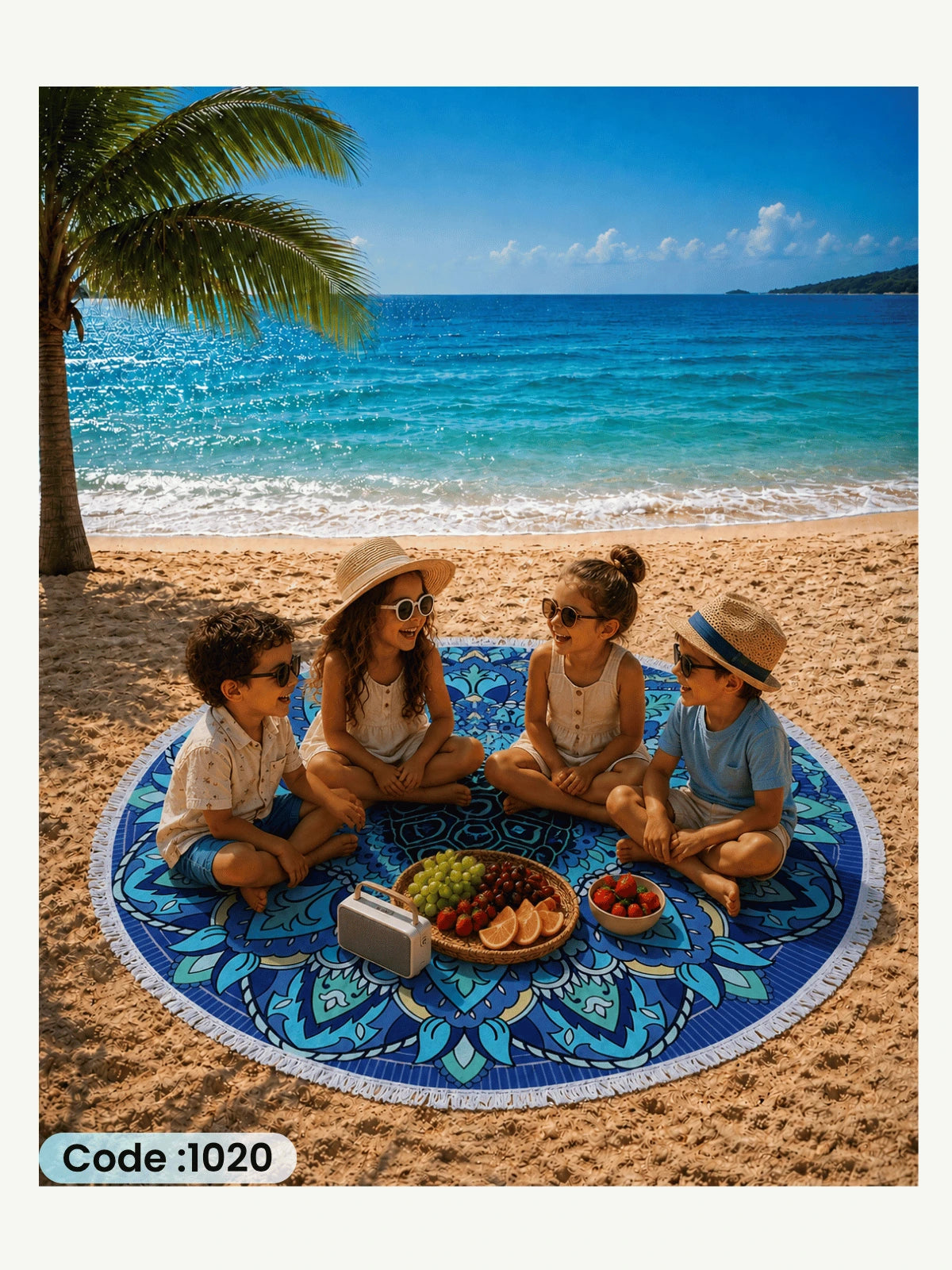 Sea Turtle Mandala Beach Blanket – Round Linen Beach Mat | Code 1020