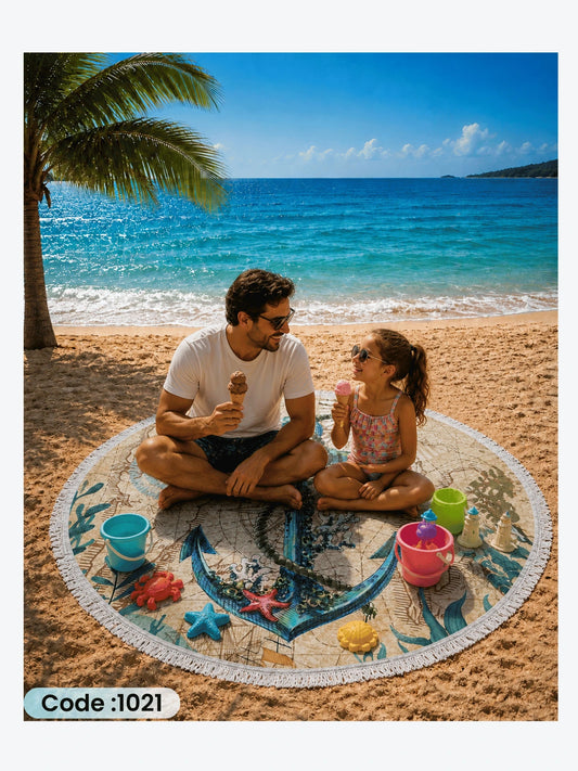 Vintage Nautical Anchor Beach Blanket – Round Linen Beach Mat | Code 1021