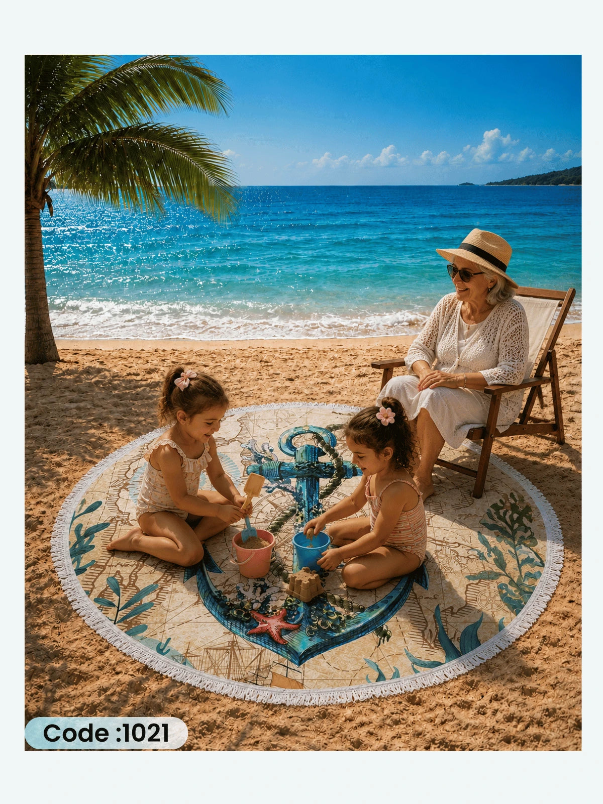 Vintage Nautical Anchor Beach Blanket – Round Linen Beach Mat | Code 1021