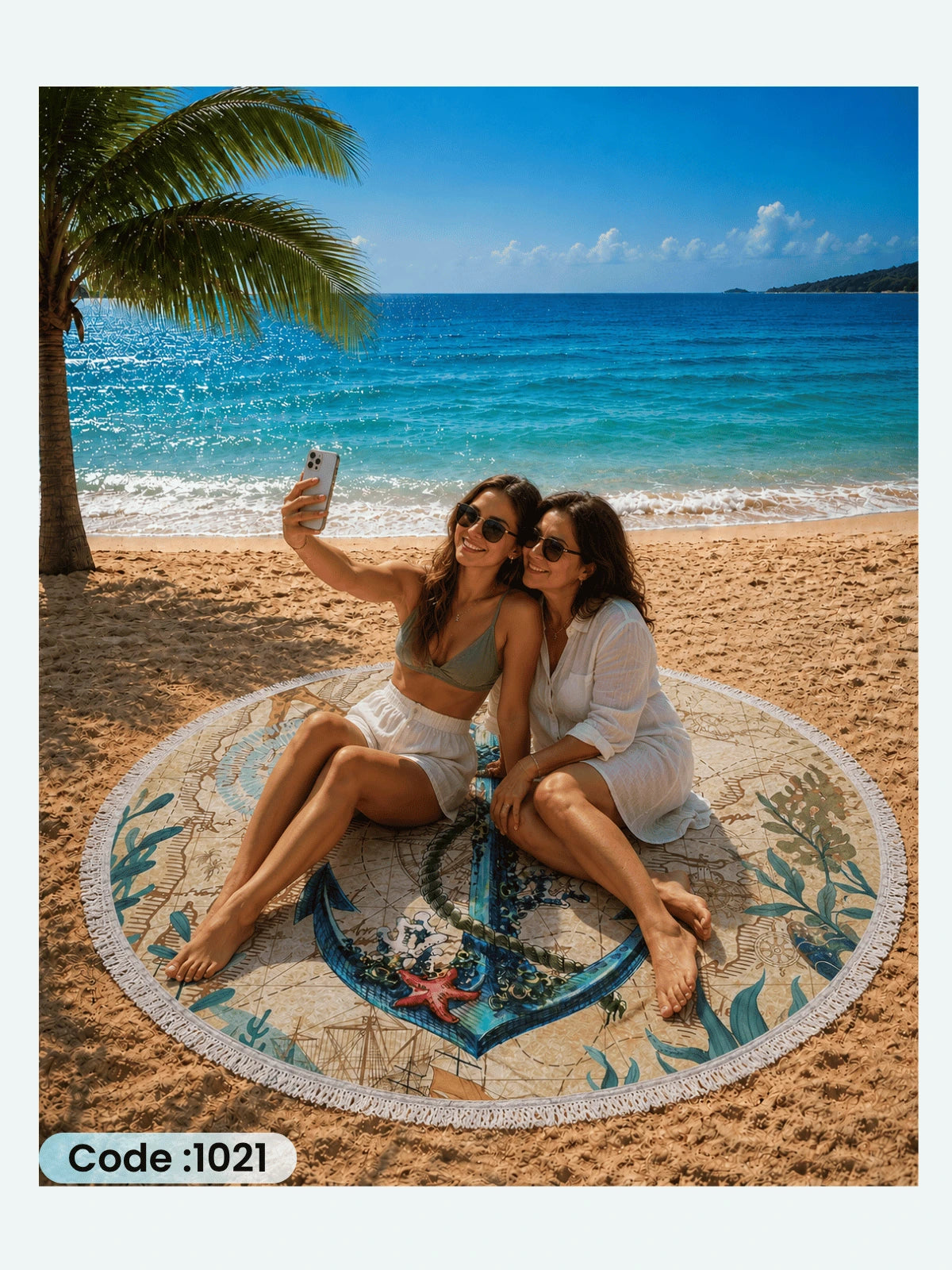 Vintage Nautical Anchor Beach Blanket – Round Linen Beach Mat | Code 1021