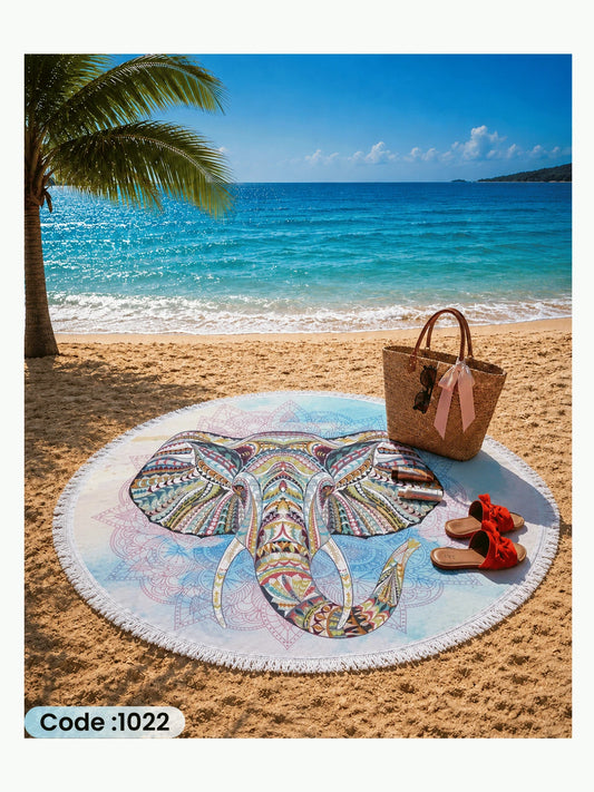 Bohemian Elephant Mandala Beach Blanket – Round Linen Beach Mat | Code 1022