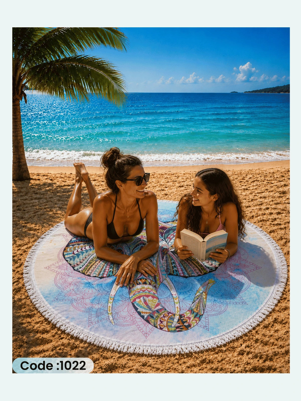 Bohemian Elephant Mandala Beach Blanket – Round Linen Beach Mat | Code 1022
