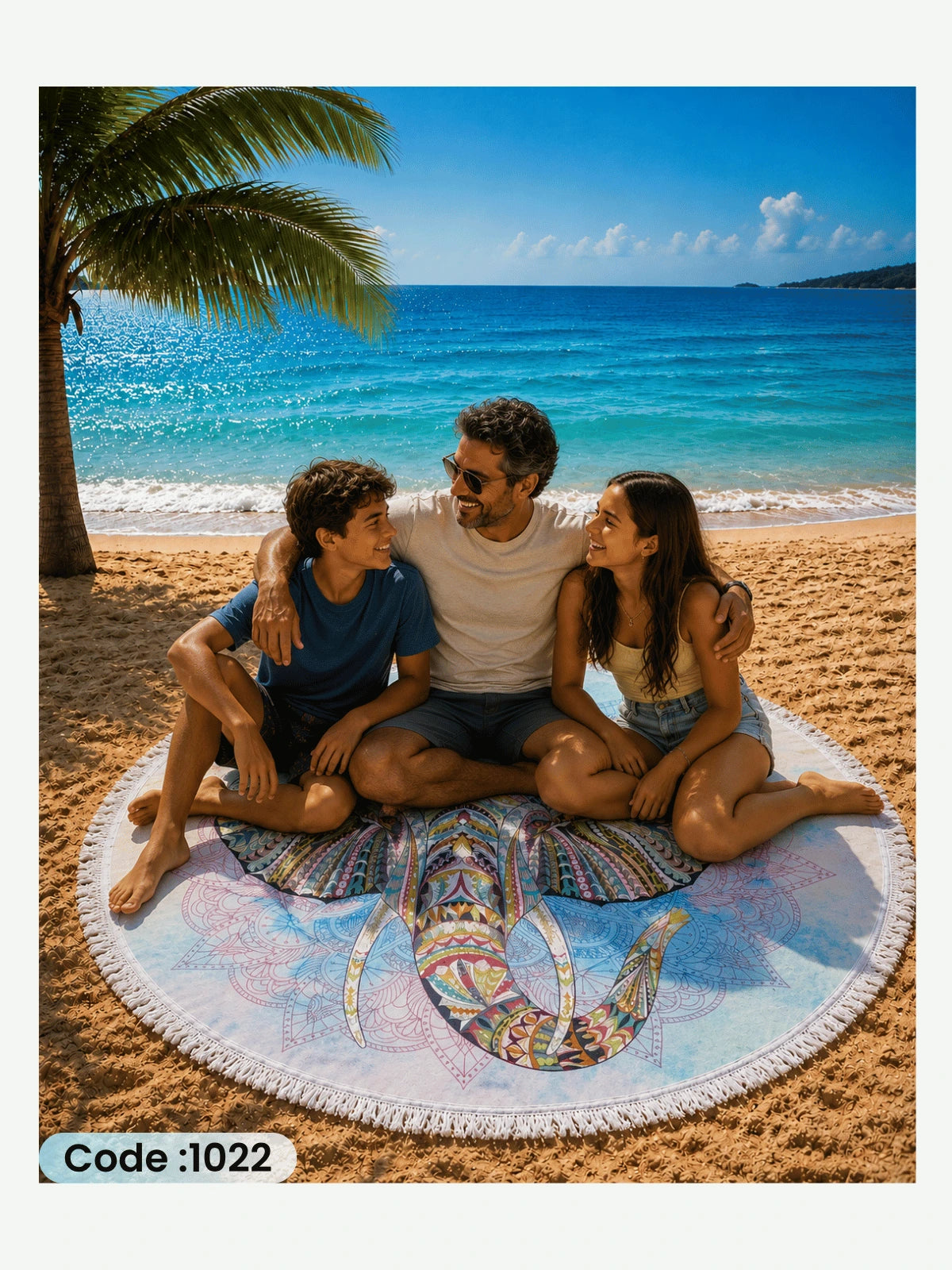 Bohemian Elephant Mandala Beach Blanket – Round Linen Beach Mat | Code 1022