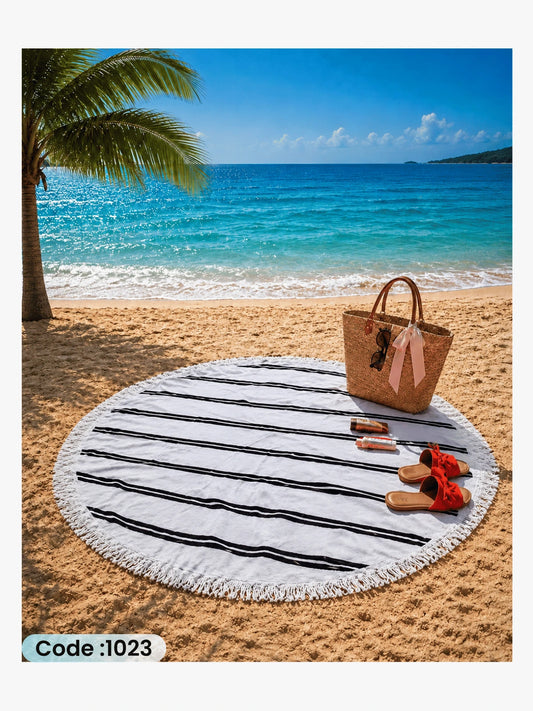 Minimalist Striped Beach Blanket – Round Linen Beach Mat | Code 1023