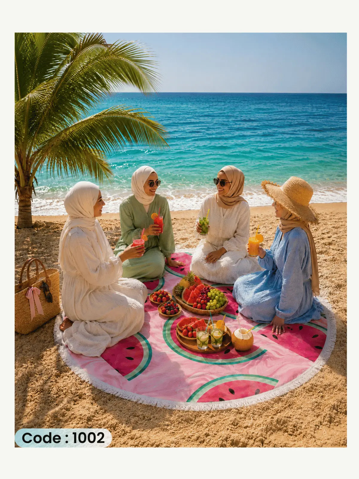 Pink Watermelon Beach Blanket | سجادة شاطئ دائرية بتصميم البطيخ الوردي من الكتان - كود 1002