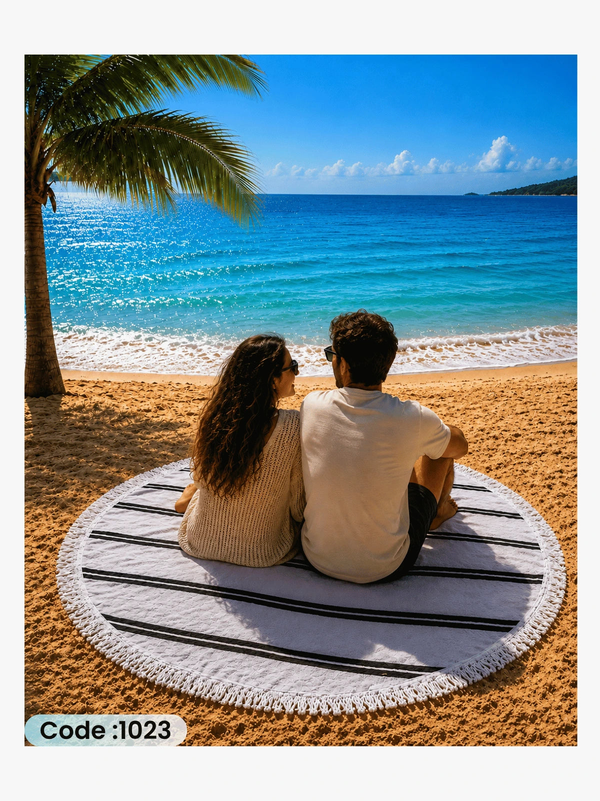 Minimalist Striped Beach Blanket – Round Linen Beach Mat | Code 1023