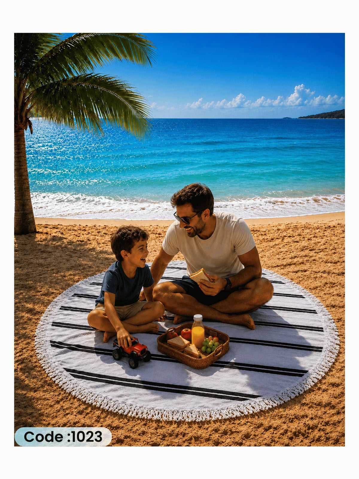 Minimalist Striped Beach Blanket – Round Linen Beach Mat | Code 1023