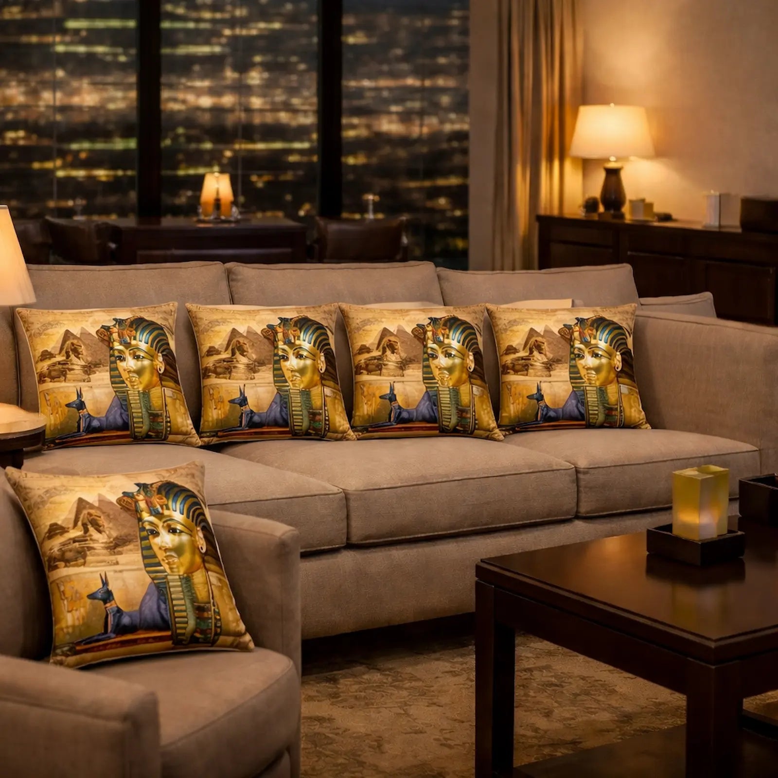 Gray sofa with decorative pillows featuring Egyptian-Tutankhamun designs in a room with cityscape view.
