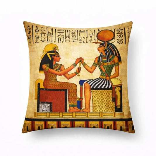 Decorative pillow with Egyptian-themed design featuring ISIS and Hathor and hieroglyphics.