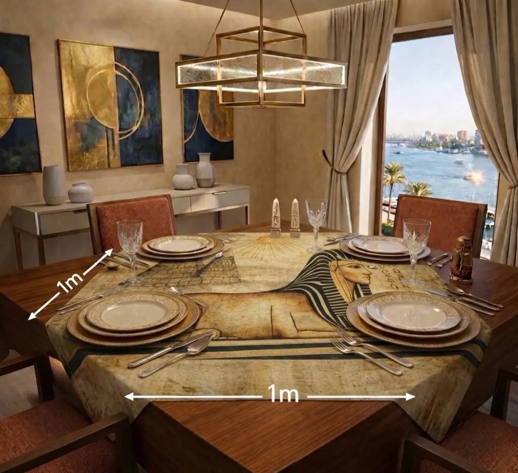 Dining table set with plates, glasses, and cutlery in a room with abstract art and a view of water.