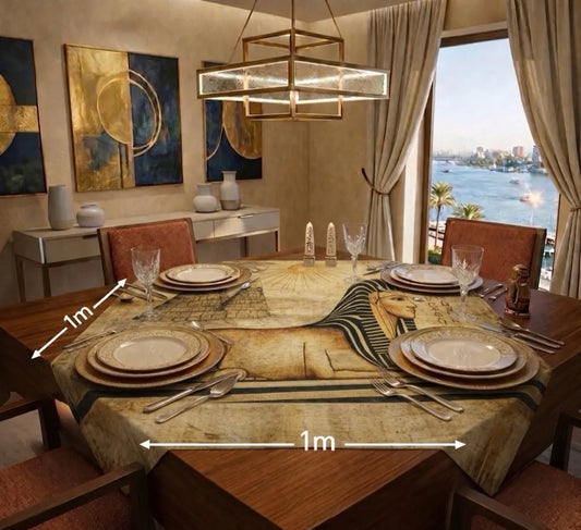 Dining table set with plates, glasses, and cutlery in a room with abstract art and a view of water.