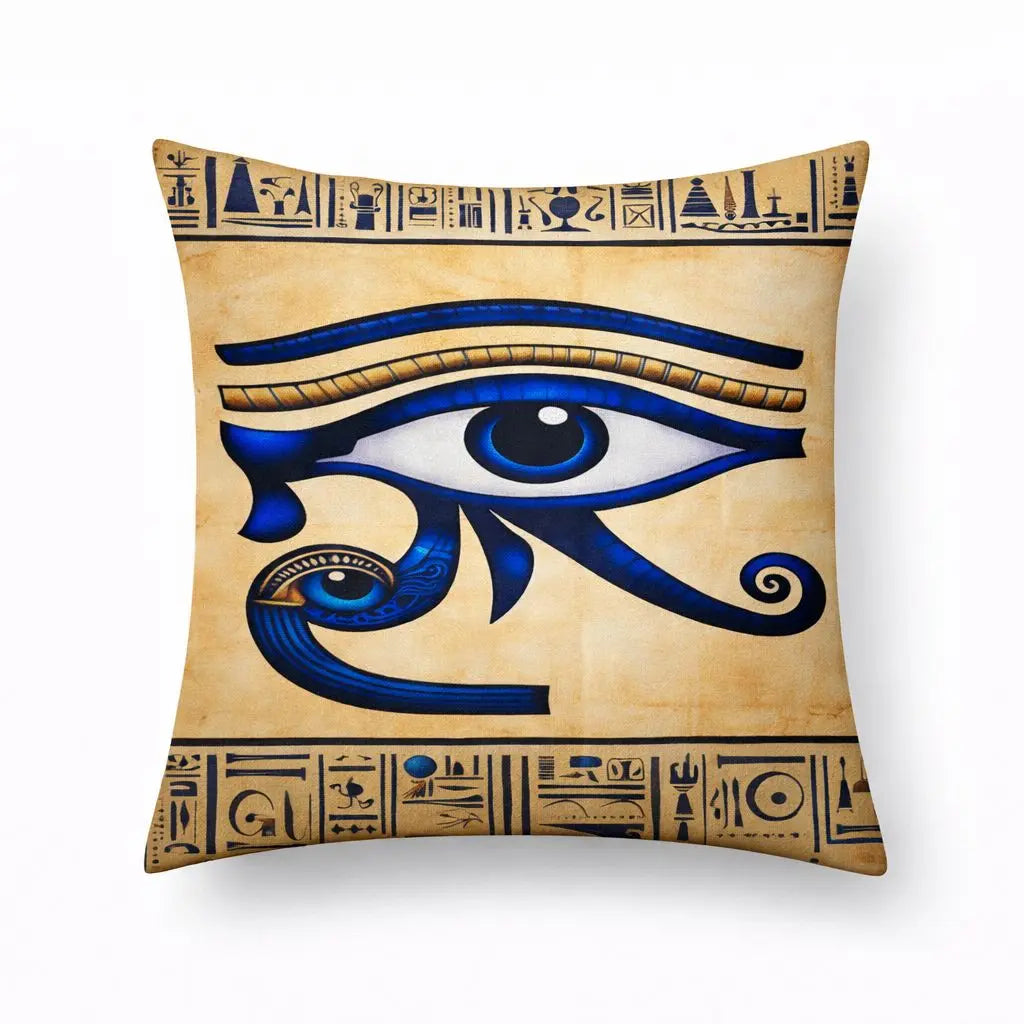 Decorative pillow with Egyptian Eye of Horus design on a beige background