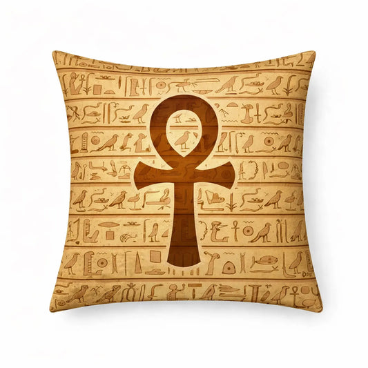 Decorative pillow with ankh symbol and hieroglyphics on a beige background