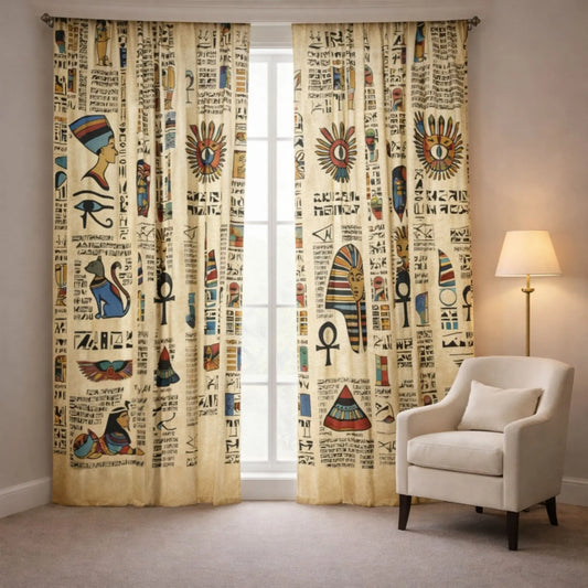 Decorative curtains with Egyptian hieroglyphics in a room with a chair and lamp.