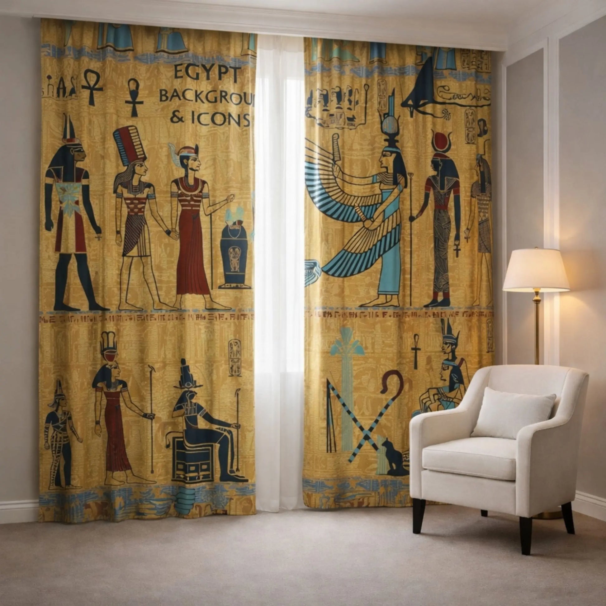 front view of egyptian hieroglyphic curtains 