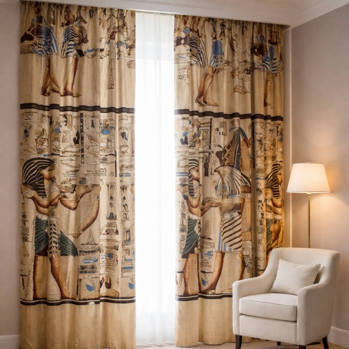 Decorative curtains with Egyptian-temples design in a room with a chair and lamp.