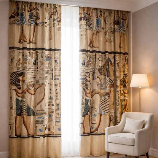 Decorative curtains with Egyptian-temples design in a room with a chair and lamp.