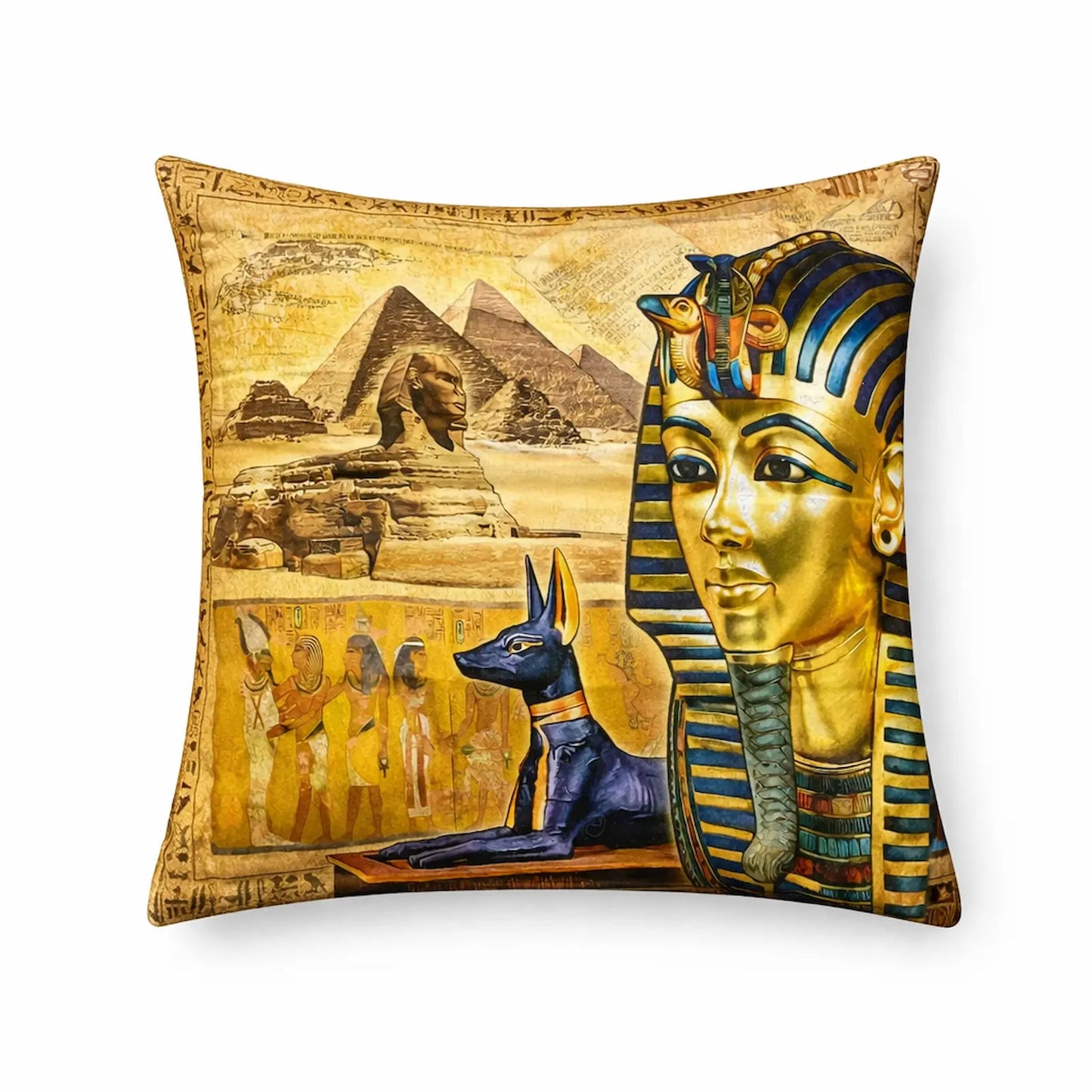 Decorative pillow with Egyptian-themed design featuring a pharaoh, sphinx, and pyramids.