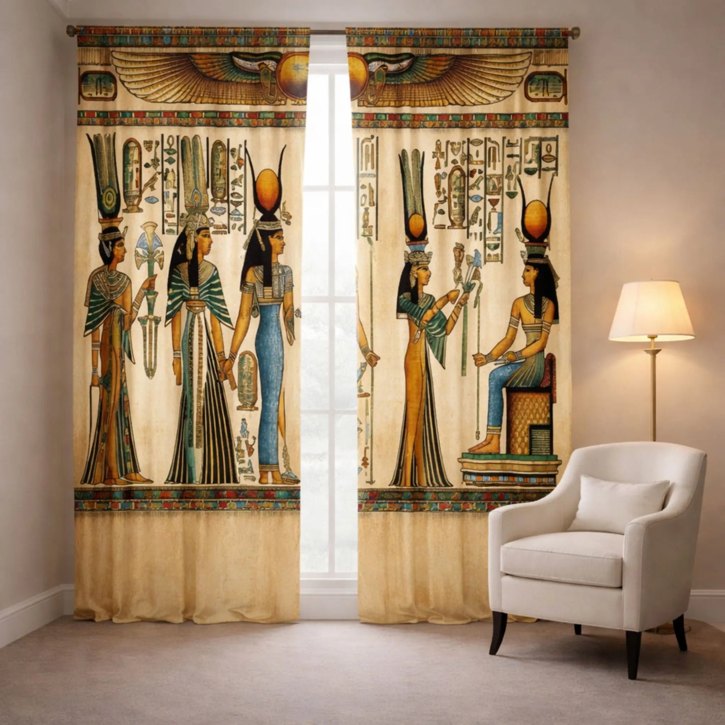 Curtains with Egyptian-ISIS design in a room with a chair and lamp.