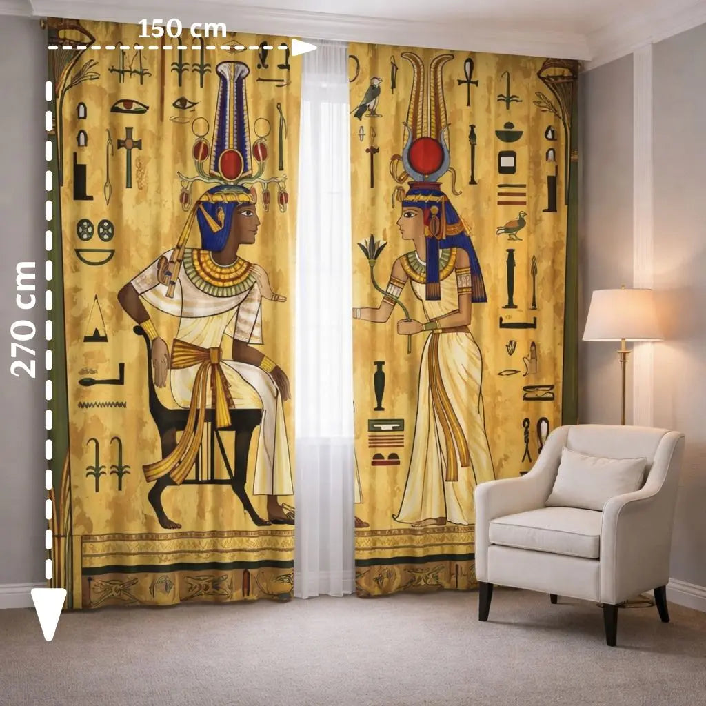 Egyptian-themed curtains with hieroglyphics and figures in a room with a chair and lamp.