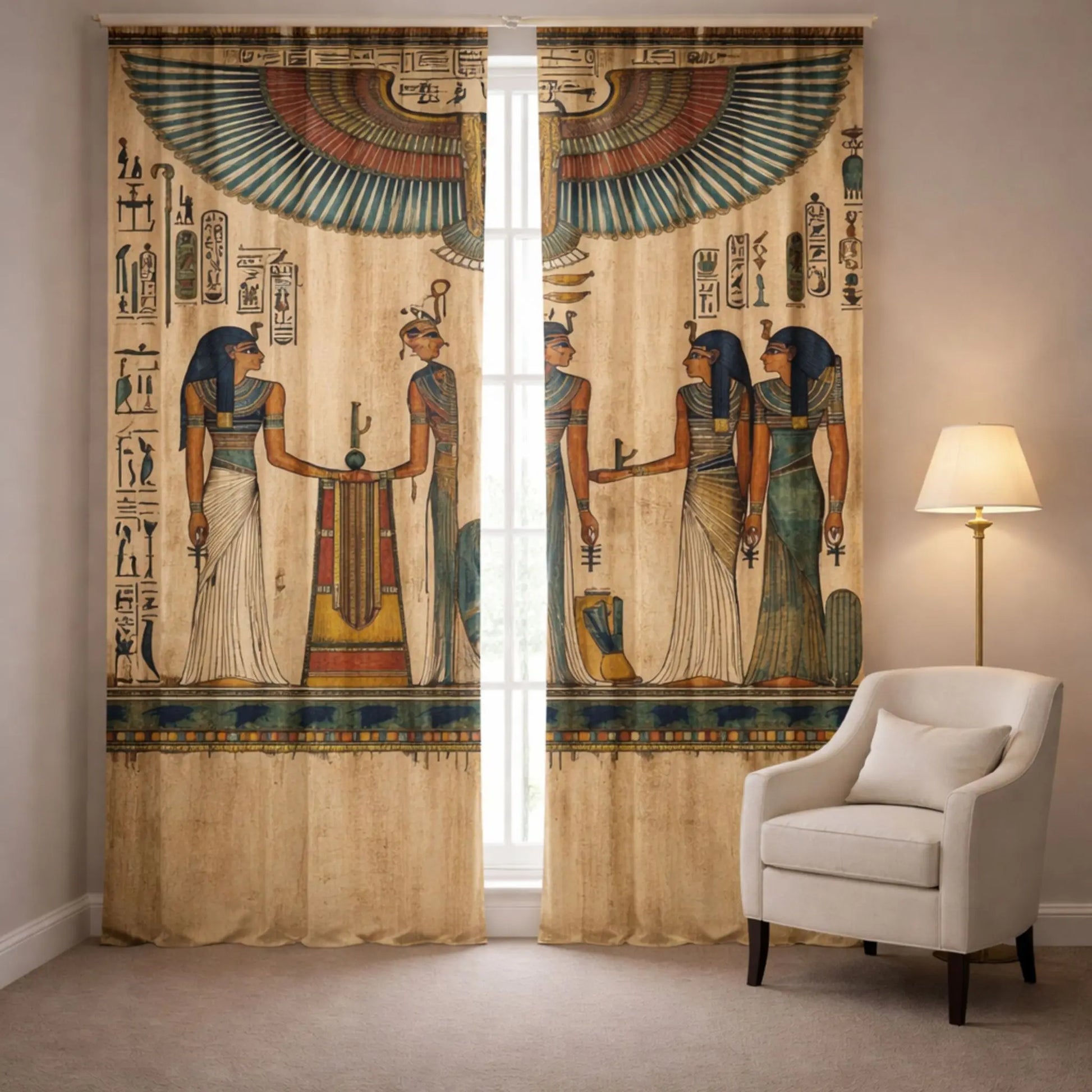 Decorative curtains with Egyptian-themed design in a living room setting.