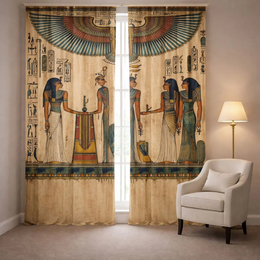 Decorative curtains with Egyptian-themed design in a living room setting.
