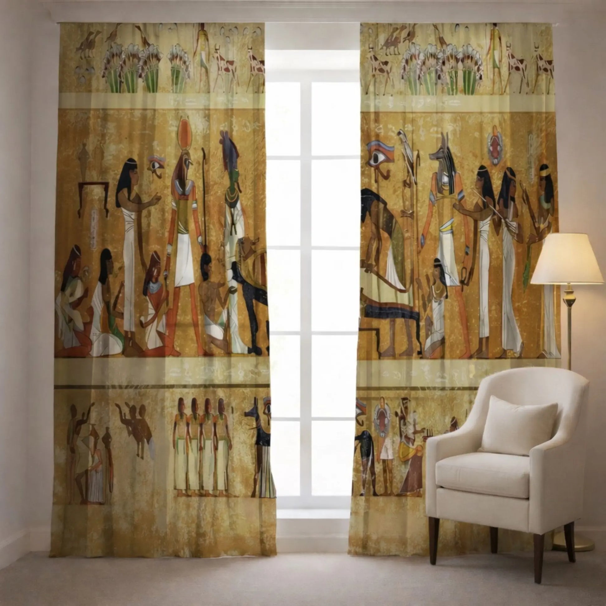 Decorative curtains with ancient Egyptian design in a room with a chair and lamp.