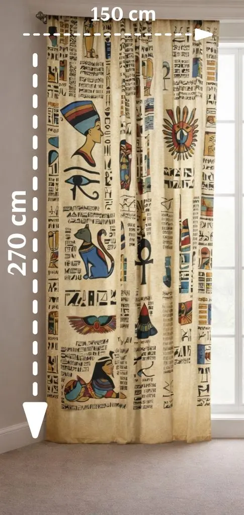 Curtain with Egyptian-themed design and measurements in centimeters