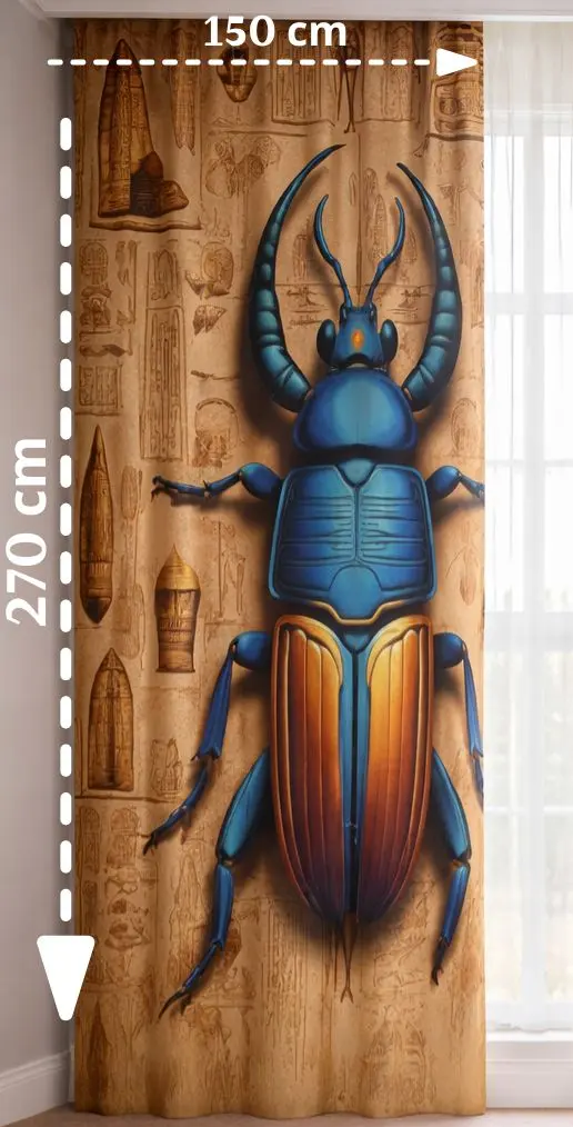 Curtain with a blue and orange beetle design on a wooden background, with measurements indicated.