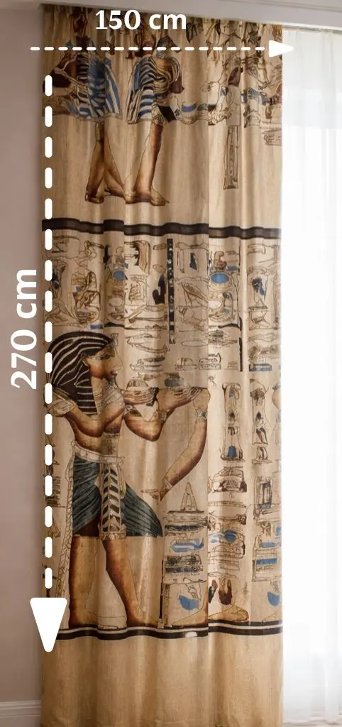 Curtain with half left Egyptian temple design and measurements on a white background