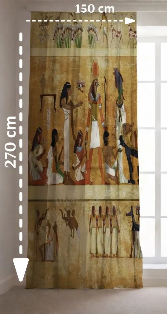 Curtain with Egyptian hieroglyphics design in a room setting