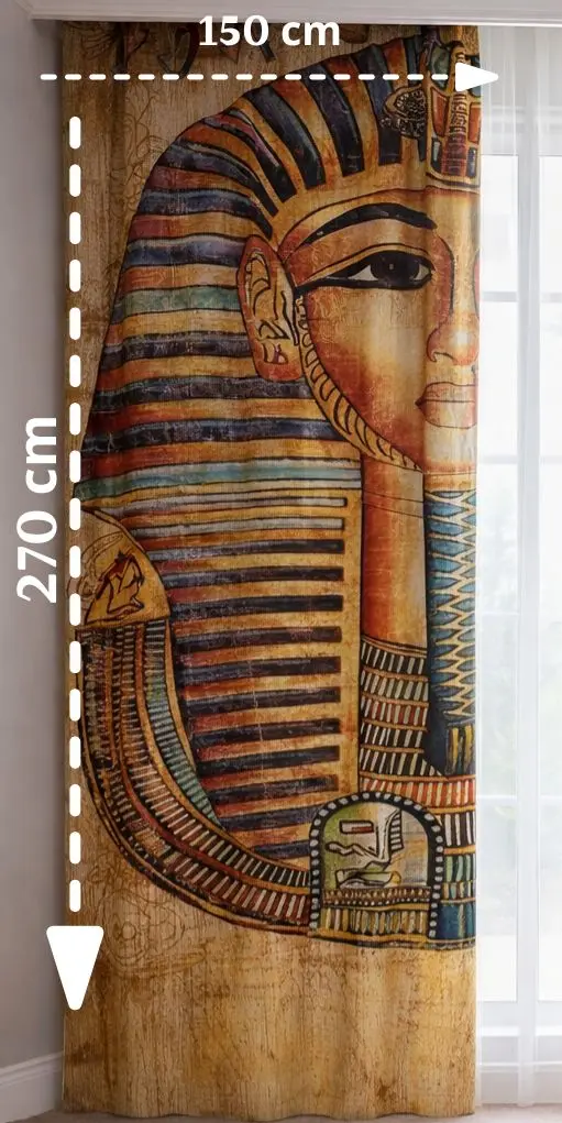 Curtain with Egyptian Tutankhamun design and measurement details