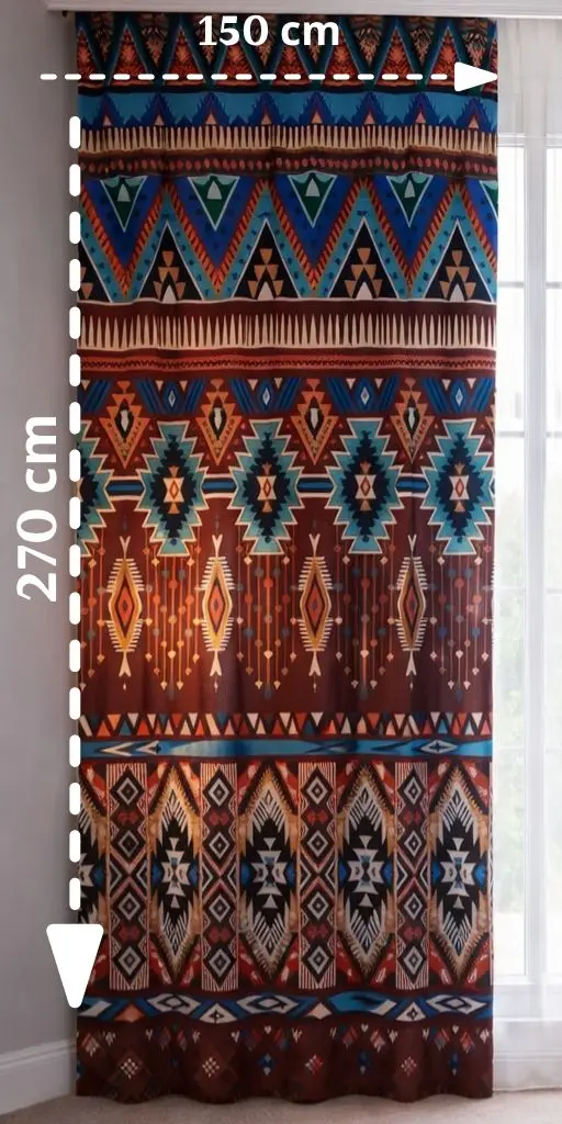 Aztec patterned curtain with measurements on a white background