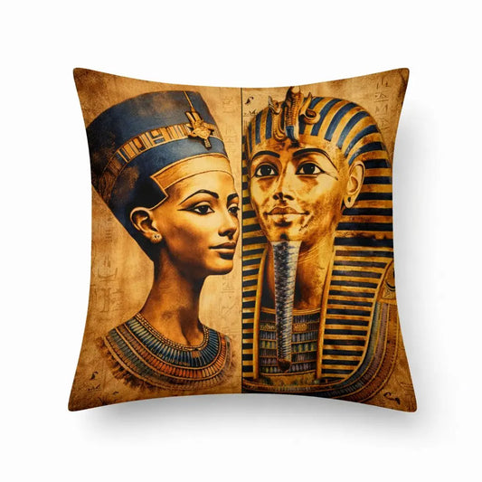 Decorative pillow with Egyptian-themed design featuring a man and a woman.