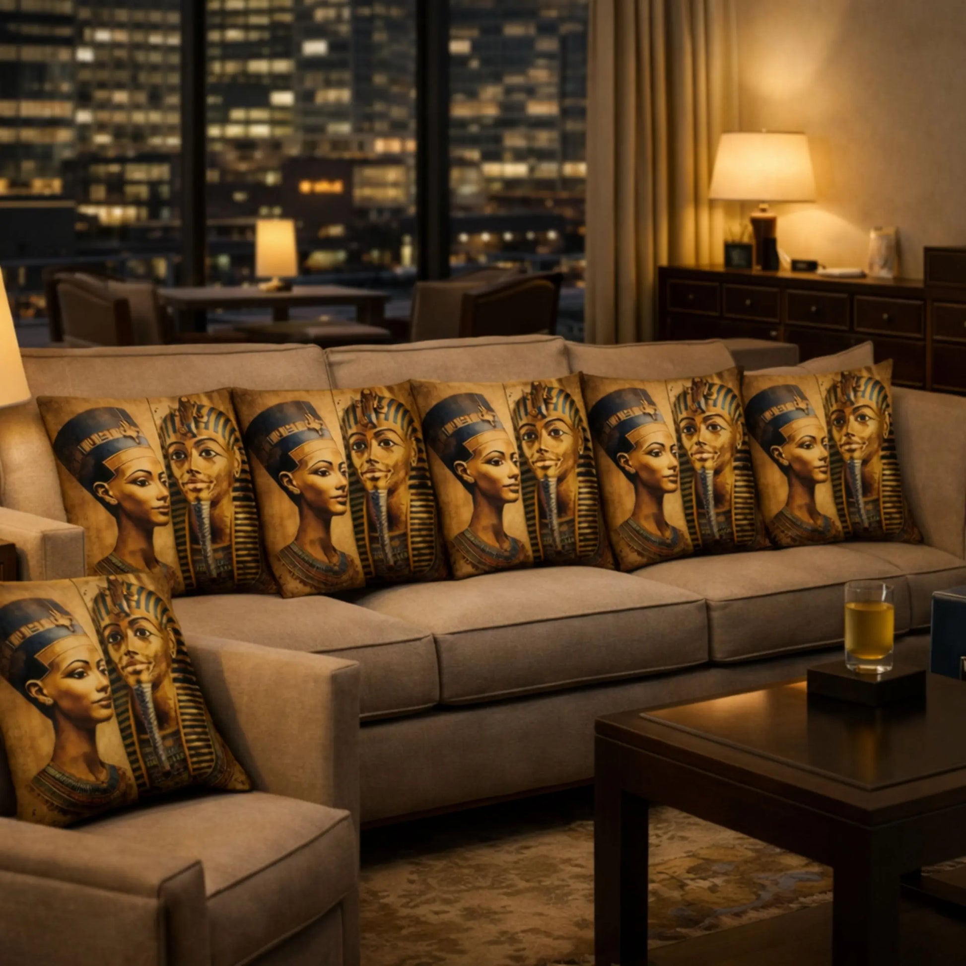 Gray sofa with decorative pillows featuring Egyptian-themed designs in a dimly lit room.