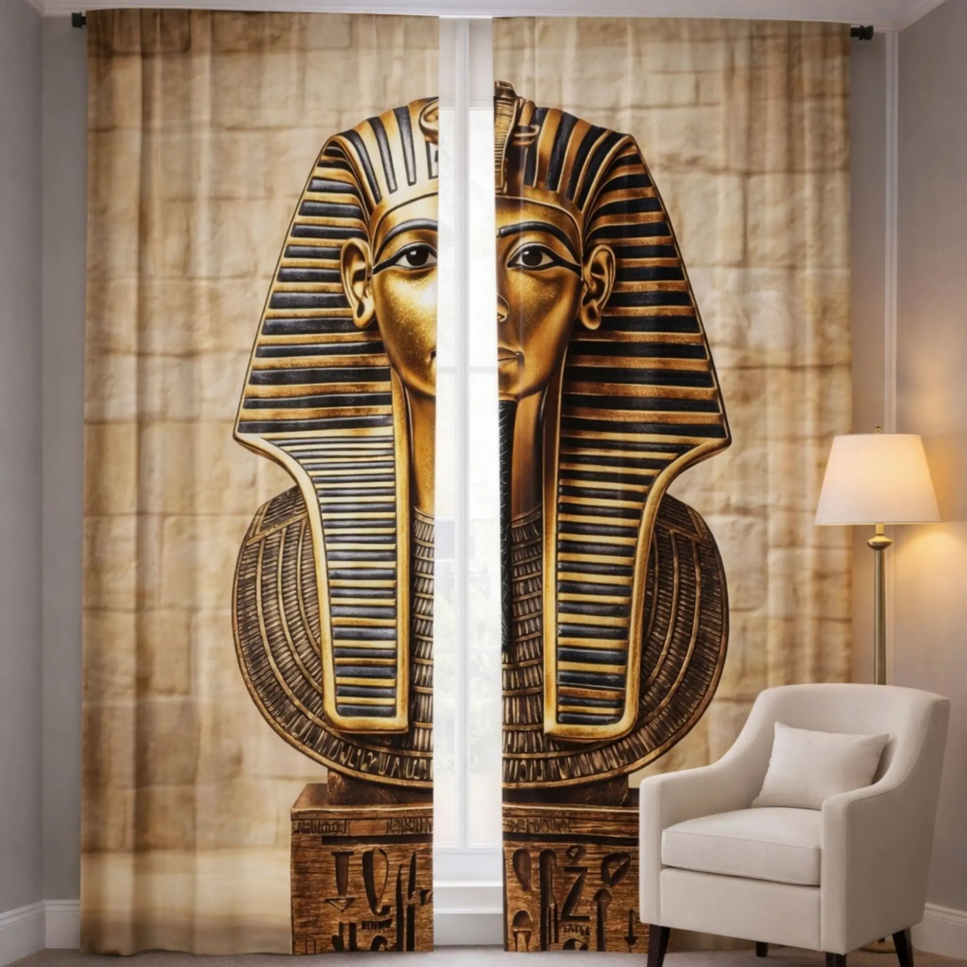 Curtain with golden Tutankhamun in a room with a chair and lamp.