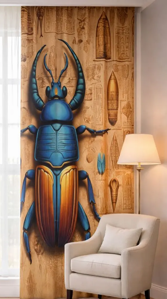 Decorative curtain with a blue beetle design on a wooden background, placed in a room with a chair and lamp.