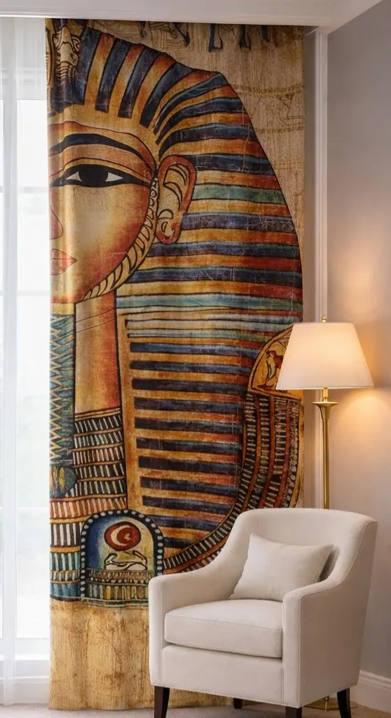 Decorative curtain with Tutankhamun themed design in a room with a white chair and lamp.