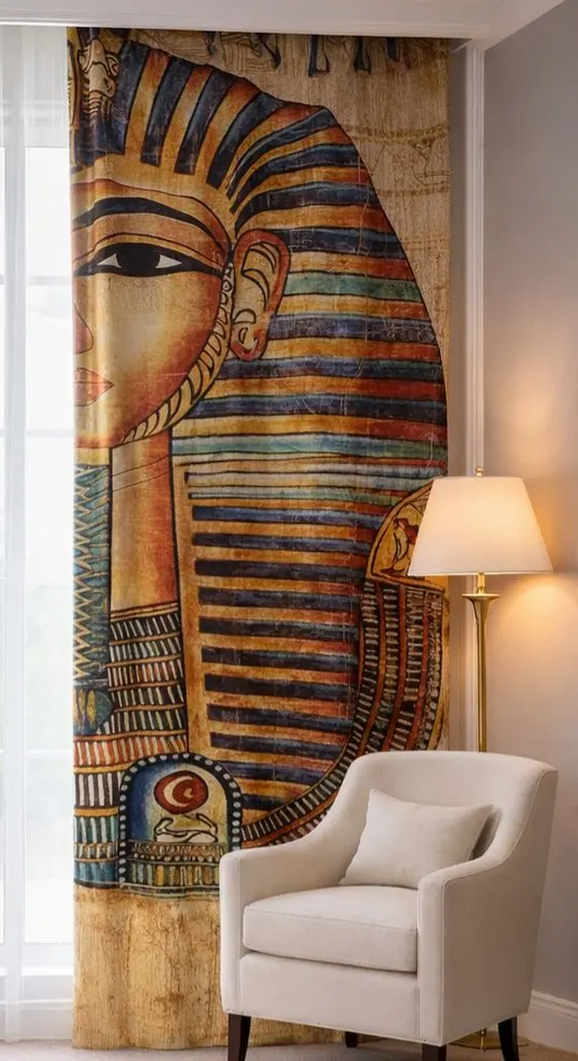 Decorative curtain with Tutankhamun themed design in a room with a white chair and lamp.