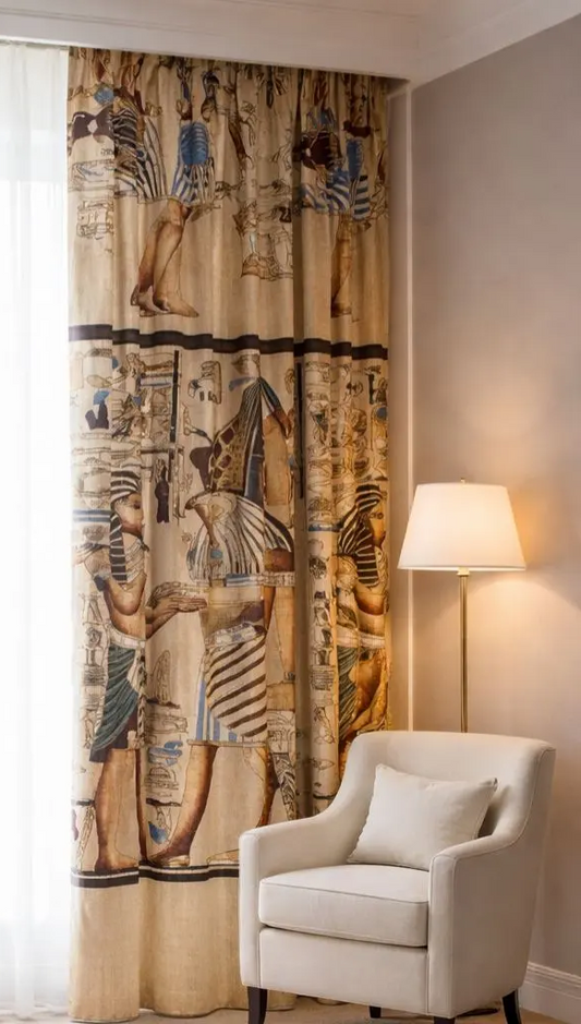 Decorative curtain with an ancient temple pattern of people and animals in a room with a chair and lamp.